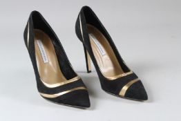 DIANE VON FURSTENBERG, A PAIR OF LADIES BLACK SUEDE, LEATHER AND GILT DECORATED HIGH HEEL SHOES,