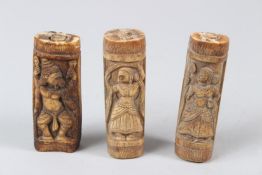 THREE INDIAN CARVED BONE PLAQUES. 8cms long.