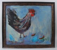 ORHAN PEKER, TURKISH. A colourful cockerel, oil on board. Signed lower left, framed. 70cms x 60cms