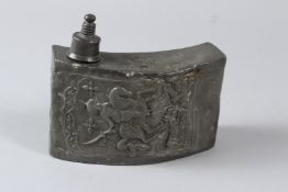 A RARE 18TH - 19TH CENTURY OTTOMAN BALKANS PEWTER CONTAINER depicting an image of an Ottoman