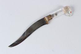 AN OTTOMAN KHANJAR DAGGER, with carved rock crystal handle in the form of a ram's head, gilt