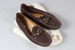 PRADA, A PAIR OF LADIES BROWN SUEDE LEATHER SHOES, with gilt buckles, size 39.5.