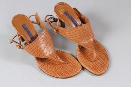 RALPH LAUREN, A PAIR OF LADIES EMBOSSED TAN LEATHER HIGH HEEL SHOES, size unknown.