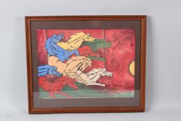 M. F. HUSSAIN, GALLOPING HORSES, watercolour, signed, framed and glazed. Overall size 48cms x
