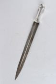 A LARGE 19TH CENTURY PERSIAN OR CAUCASIAN SILVER HILTED KINDJAL DAGGER with etched decoration on