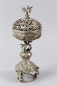 A TIBETAN WHITE METAL INCENSE BURNER. 31.5cms.