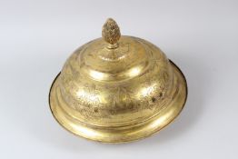 A LARGE GILT COPPER TOMBAK CIRCULAR LIDDED BOWL, SAHAN, the cover with pineapple finial and floral