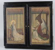 A GOOD VICTORIAN TRYPTIC / ALTARPIECE, the folding ebonised frame containing chromolithic prints