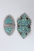 A 19TH CENTURY INDIAN KASHMIR TURQUOISE INLAID SILVER BELT BUCKLE, and another similar buckle.