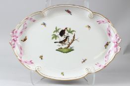 A HEREND PORCELAIN OVAL DISH, with basketweave and pink ribbon border, painted with birds on a