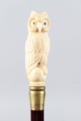 A WALKING STICK, with a carved bone handle as an owl. 90cms long.