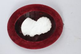 A VICTORIAN RELIEF CARVED ALABASTER PORTRAIT PLAQUE, mounted and glazed in a red velvet frame. 28cms