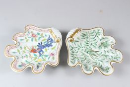 TWO HEREND PORCELAIN SHELL SHAPED SWEETMEAT DISHES, one decorated in gilt and green with a bird on a