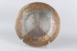 A VERY FINE 1920'S EGYPTIAN SILVER INLAID COPPER CHARGER depicting an ancient Egyptian temple and