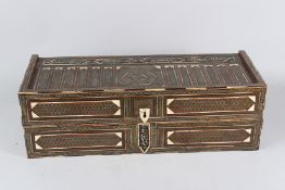 A VERY FINE AND LARGE 19TH CENTURY PERSIAN QAJAR KHATAMKARI BONE INLAID GAMING BOX with calligraphic