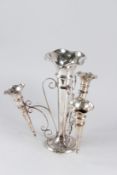 A SILVER PLATED EPERGNE, with a central trumpet shaped vase and three further trumpet vases to the