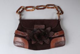 A VALENTINO LADIES BROWN SUEDE HANDBAG, with embossed leather and faux fur decoration.