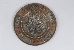 A FINE 19TH CENTURY INDIAN TANJORE SILVER AND COPPER OVERLAID BRASS DISH with figural decoration.