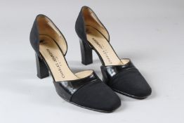 CHARLES JOURDAN, A PAIR OF LADIES BLACK PATENT LEATHER AND SATIN HIGH HEEL SHOES, size 40.