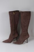 JIMMY CHOO, A PAIR OF LADIES BROWN SUEDE LEATHER KNEE LENGTH HIGH HEEL BOOTS, boxed, size 39.5.