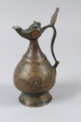 A FINE, POSSIBLY EARLY PERSIAN SILVER AND COPPER INLAID BRONZE EWER with Kufic calligraphy. 18cms