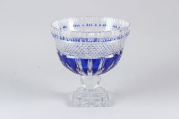 A LARGE BOHEMIAN CUT GLASS PEDESTAL BOWL, with blue floral decoration. 24cms diameter.