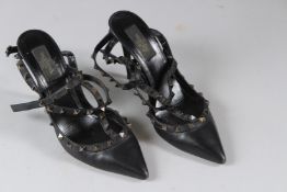 VALENTINO, A PAIR OF LADIES MATT BLACK LEATHER HIGH HEEL SHOES with studded decoration, size 40.