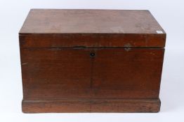 A 19TH CENTURY OAK SILVER CHEST, with wrought iron carrying handles. 60cms long x 38cms wide x 36cms