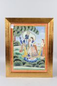A LARGE 19TH CENTURY INDIAN FRAMED PAINTING OF KRISHNA AND RADHA. 48.5cms x 39cms.