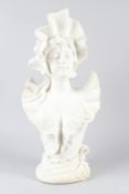 A GOOD LATE 19TH CENTURY CARVED WHITE MARBLE BUST of a young lady wearing a bonnet, a frilly edged