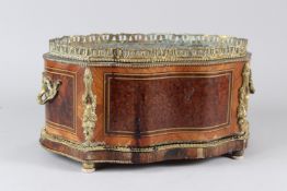A 19TH CENTURY FRENCH ORMOLU MOUNTED KINGWOOD AND AMBOYNA TABLE TOP JARDINIERE of serpentine