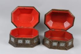 A GOOD PAIR OF 19TH CENTURY ISLAMIC PAPIER MACHE BOXES, each of elongated octagonal shape, inset