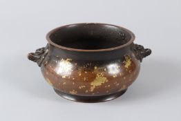 A CHINESE GILT SPLASHED BRONZE INCENSE BURNER. 13.5cms diameter. Weight: 2.439kg.