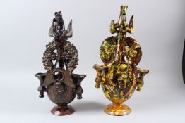 TWO RARE 19TH CENTURY OTTOMAN TURKISH GLAZED POTTERY CHANAKKALE ZOOMORPHIC EWERS. 42cms & 43cms