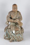A GOOD RARE LARGE 18th CENTURY CARVED WOOD AND POLYCHROME DECORATED SEATED BUDDHA. 68cms high.