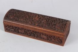 A VERY FINE 19TH CENTURY SOUTH INDIAN MAYSORE CARVED SANDALWOOD BOX with figural decoration. 30.5cms