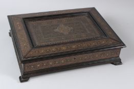 A VERY FINE ISLAMIC, POSSIBLY INDIAN, BRASS, SILVER AND COPPER INLAID WOODEN BOX. 42cms x 32cms.