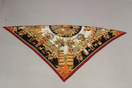 HERMES, PARIS, A SILK TRIANGULAR SHAPE SCARF, decorated with North American motifs, boxed. 200cms