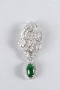 AN 18CT GOLD, JADE AND DIAMOND BROOCH.