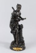 CIGALE PAR BOURET. A good 19th century French bronze of a young lady playing a guitar, on a circular