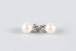 A PAIR OF 18CT WHITE GOLD, FRESHWATER PEARL AND DIAMOND EARRINGS.