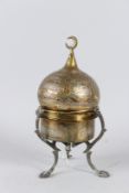 A FINE LARGE 19TH CENTURY SYRIAN DAMASCUS SILVER INLAID BRASS INCENSE BURNER. 33cms high.