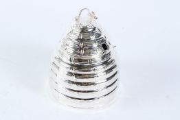A PLATED HONEY POT IN THE FORM OF A BEE HIVE. 17cms high.