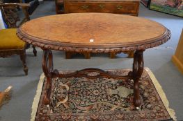 A VICTORIAN FIGURED WALNUT OVAL CENTRE TABLE, the open curving end supports united by a similar
