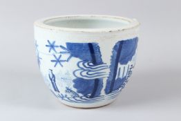 A CHINESE BLUE AND WHITE POT. 17.5cms high x 22.5cms diameter.