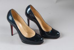 CHRISTIAN LOUBOUTIN, A PAIR OF LADIES PEACOCK BLUE METALLIC PATENT LEATHER HIGH HEEL SHOES, boxed,