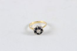 AN 18CT GOLD, SAPPHIRE AND DIAMOND CLUSTER RING.