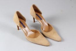 RALPH LAUREN, A PAIR OF LADIES BEIGE SUEDE LEATHER HIGH HEEL SHOES, size unknown.