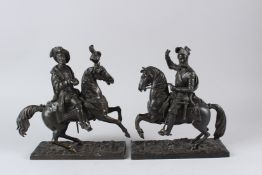 A GOOD PAIR OF BRONZE FIGURES, one cast as a nobleman on a rearing horse, the other as a knight in