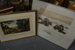 Alice Barnwell, Stanton, The Cotswolds, colour etching and Kathleen Caddick, snow on The Pennines,
